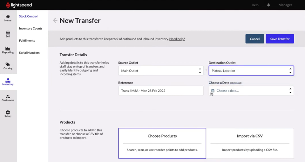 Transferring stock between locations in Lightspeed POS.