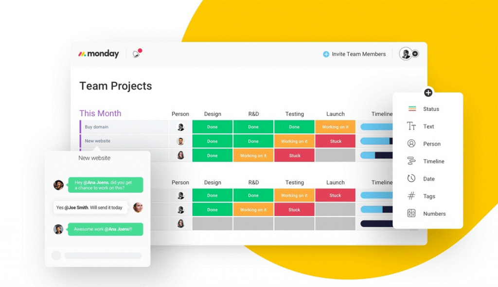 A screenshot of monday.com’s Scrum board view showing different tasks, assignees, and task statuses—each color-coded so you can identify bottlenecks at a glance.