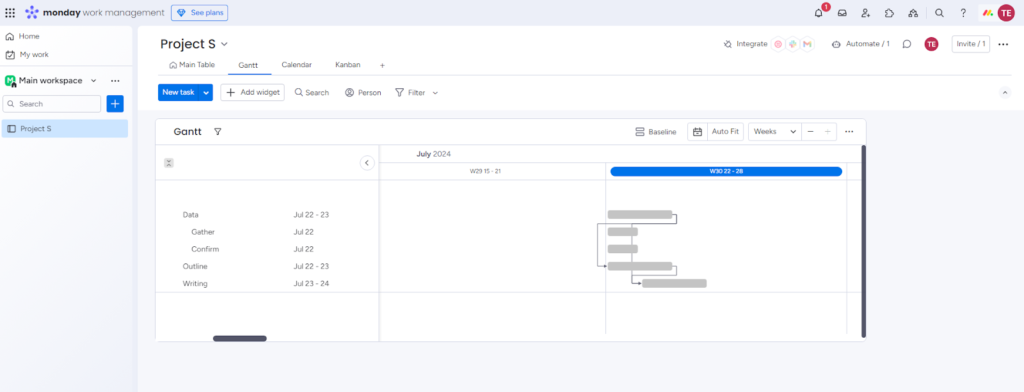 An example of a Gantt chart on monday.com's work management app.