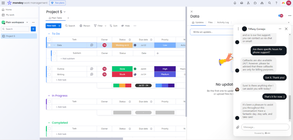 A live chat conversation regarding support channels and availability over the background of a project in monday.com.