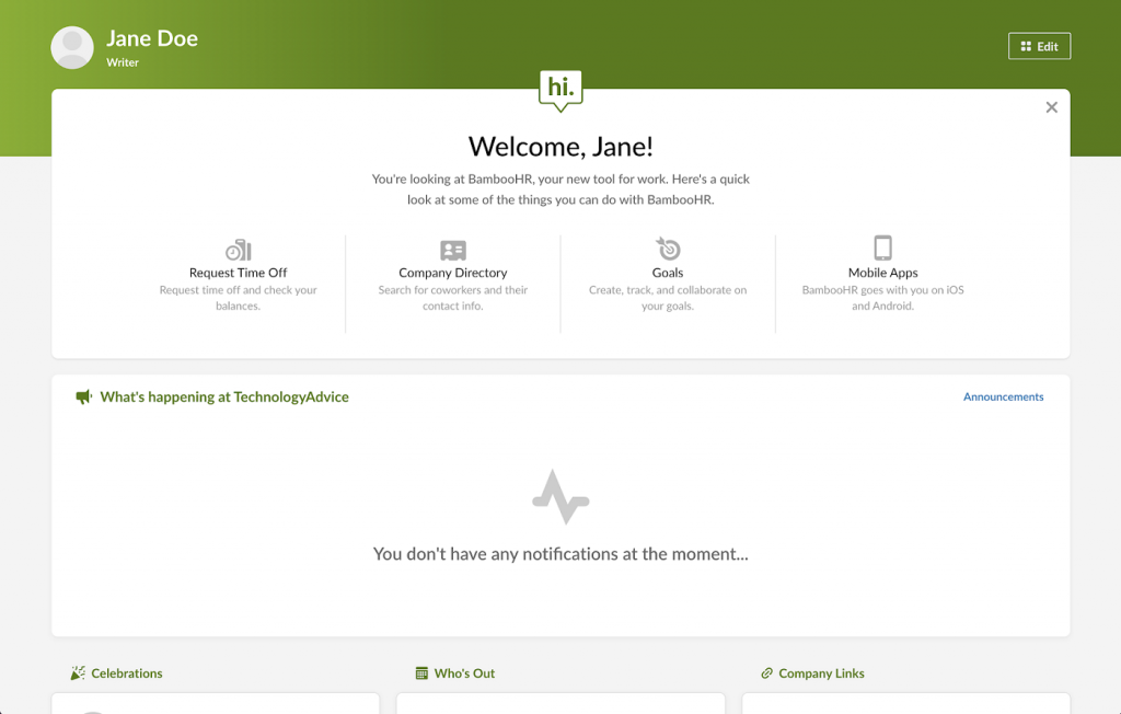 BambooHR displays a homepage for a new employee named Jane, including a welcome message at the top explaining that the employee can request time off, access the company directory, create goals, and download the mobile app.