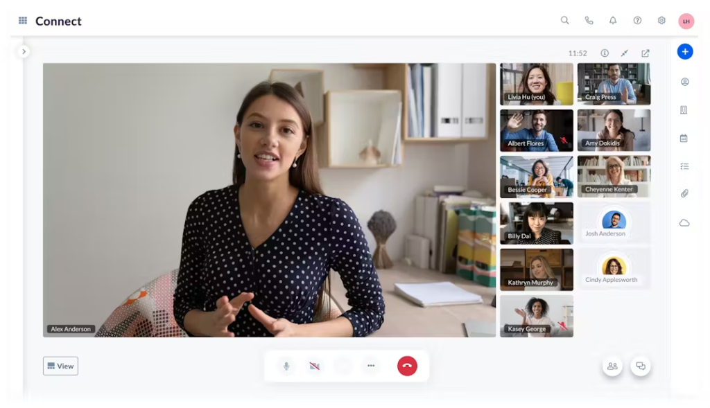 Nextiva video meeting with one participant's thumbnail occupying the large portion of the screen and the rest of the attendees' thumbnails on the right side of the screen.