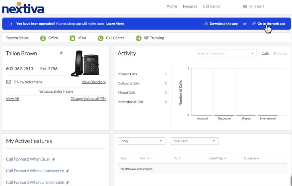 NextivaOS portal with account details and call activity.