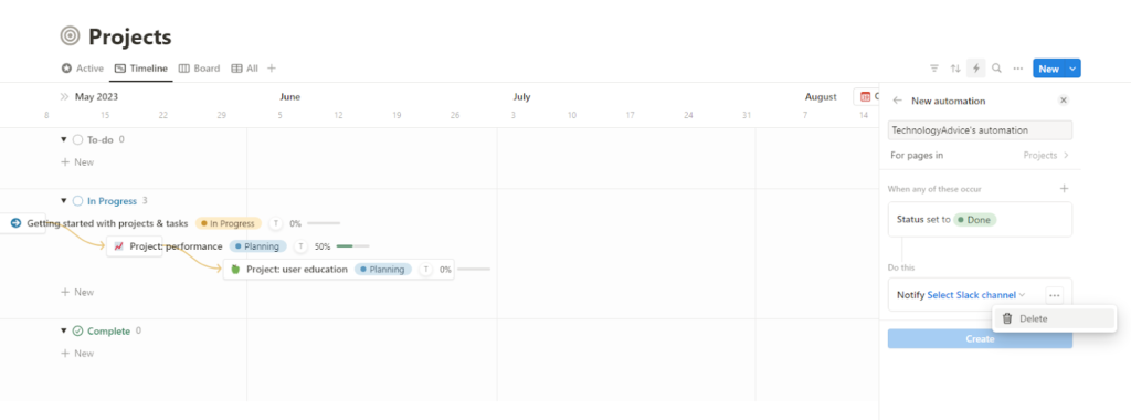 A timeline view of a project in Notion with an automation screen open on the right side to show how easy it is to create an automation in the task management software.