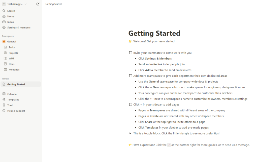 The start-up guide from Notion includes a checklist of things to do when you first get started with Notion.