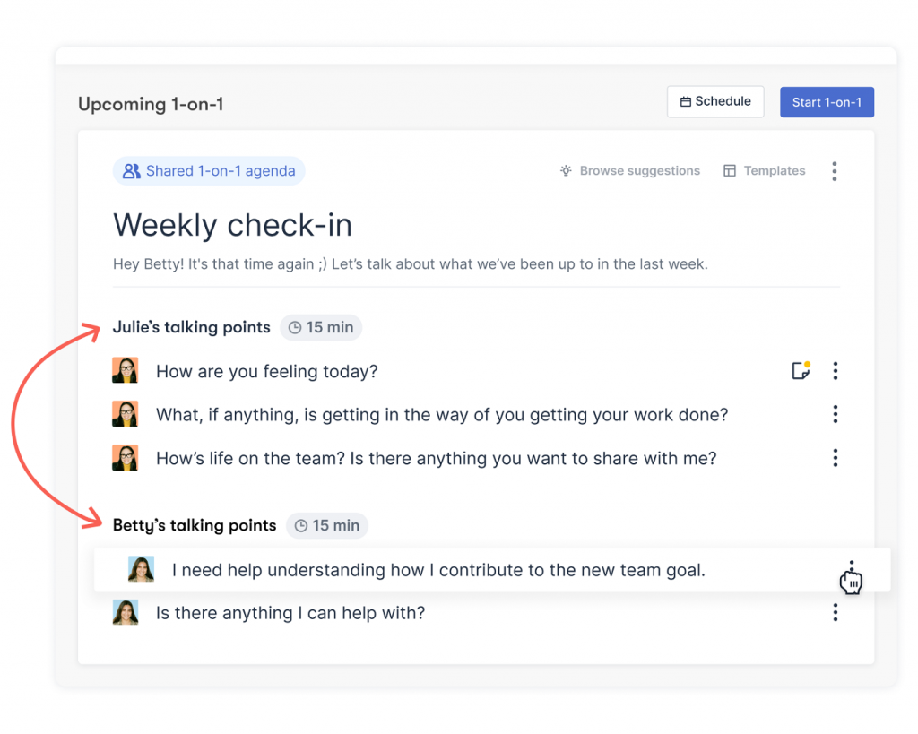 Officevibe displays an agenda for a weekly one-on-one meeting between an employee named Betty and her manager, Julie.