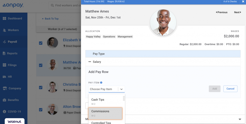 OnPay displays a sidebar window with gross earnings for an employee named Matthew Ames, plus an open dropdown menu to add a pay type, like cash tips or commissions.