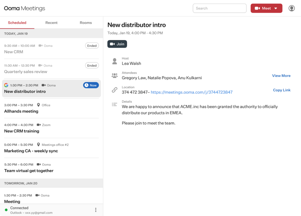 The Ooma meeting interface with a dedicated sidebar for scheduled and recent meetings.