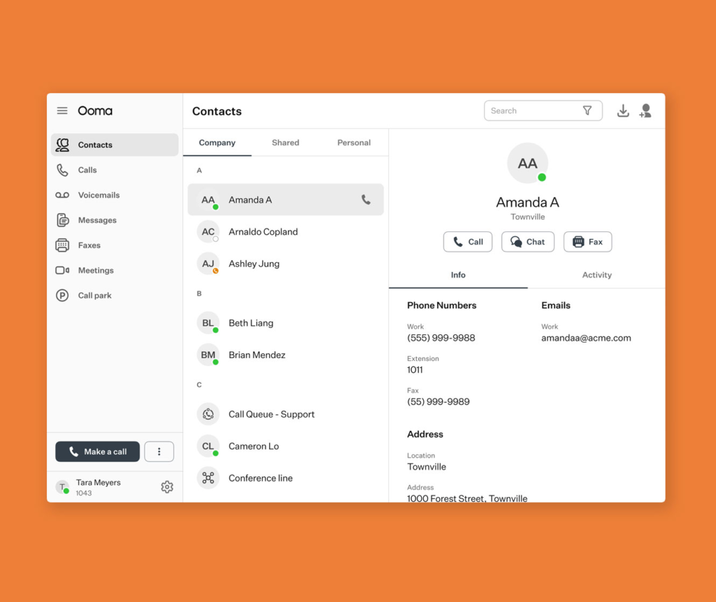 Ooma Office desktop softphone app with company contacts.