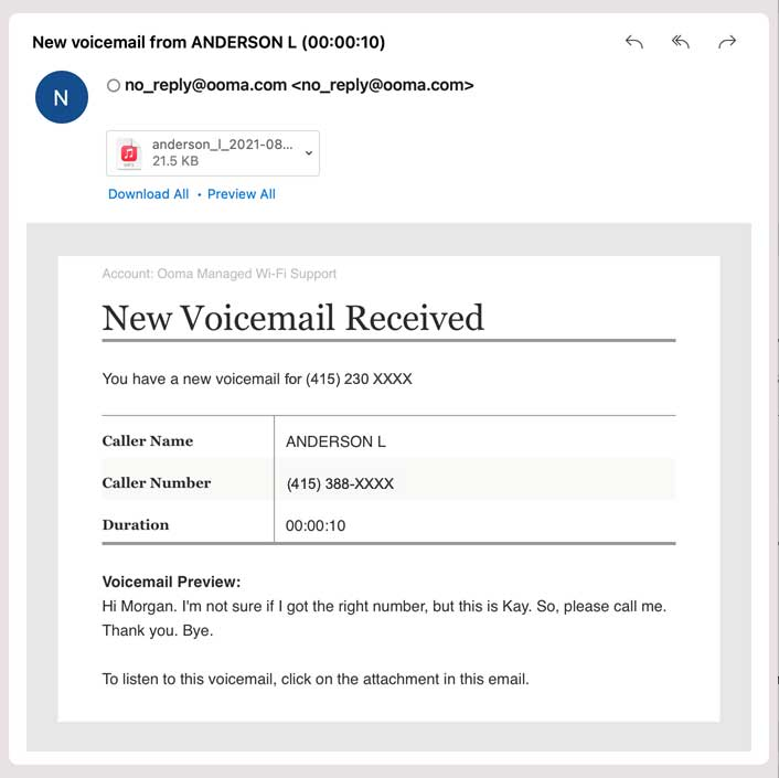 New voicemail email notification with key message information.