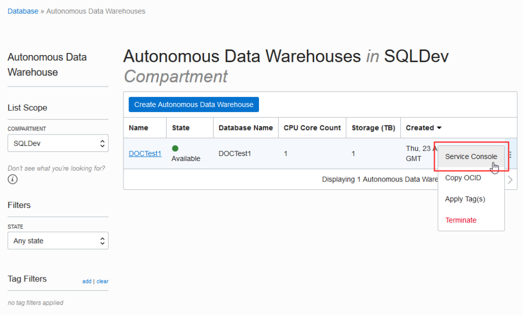 Oracle Autonomous Data Warehouse screenshot.