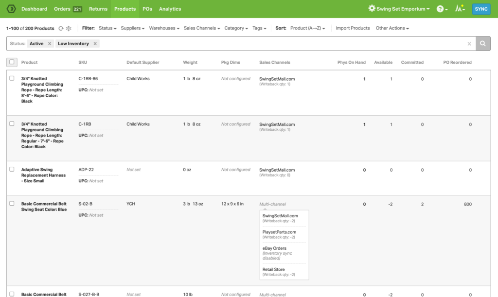 The 'products' tab on the Ordoro web app with a list of items and corresponding SKU number, supplier, package dimensions, sales channel, and stock info.