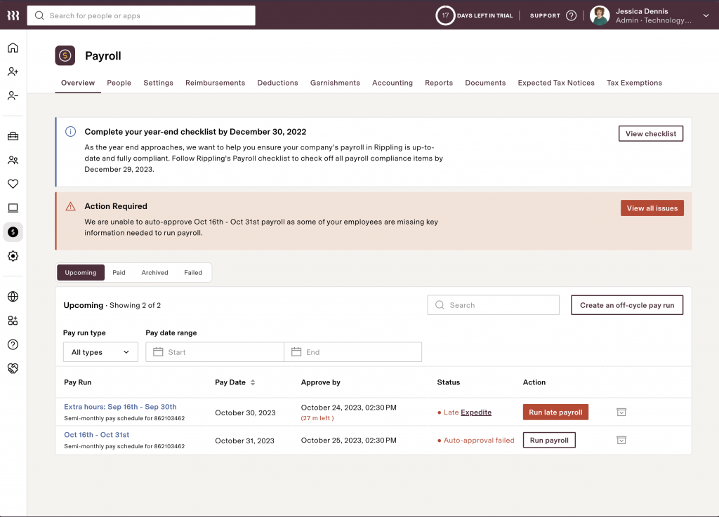 Rippling displays the overview dashboard for U.S. payroll with a list of upcoming and late pay runs in October, plus alerts at the top about the year-end checklist and a late payroll run.