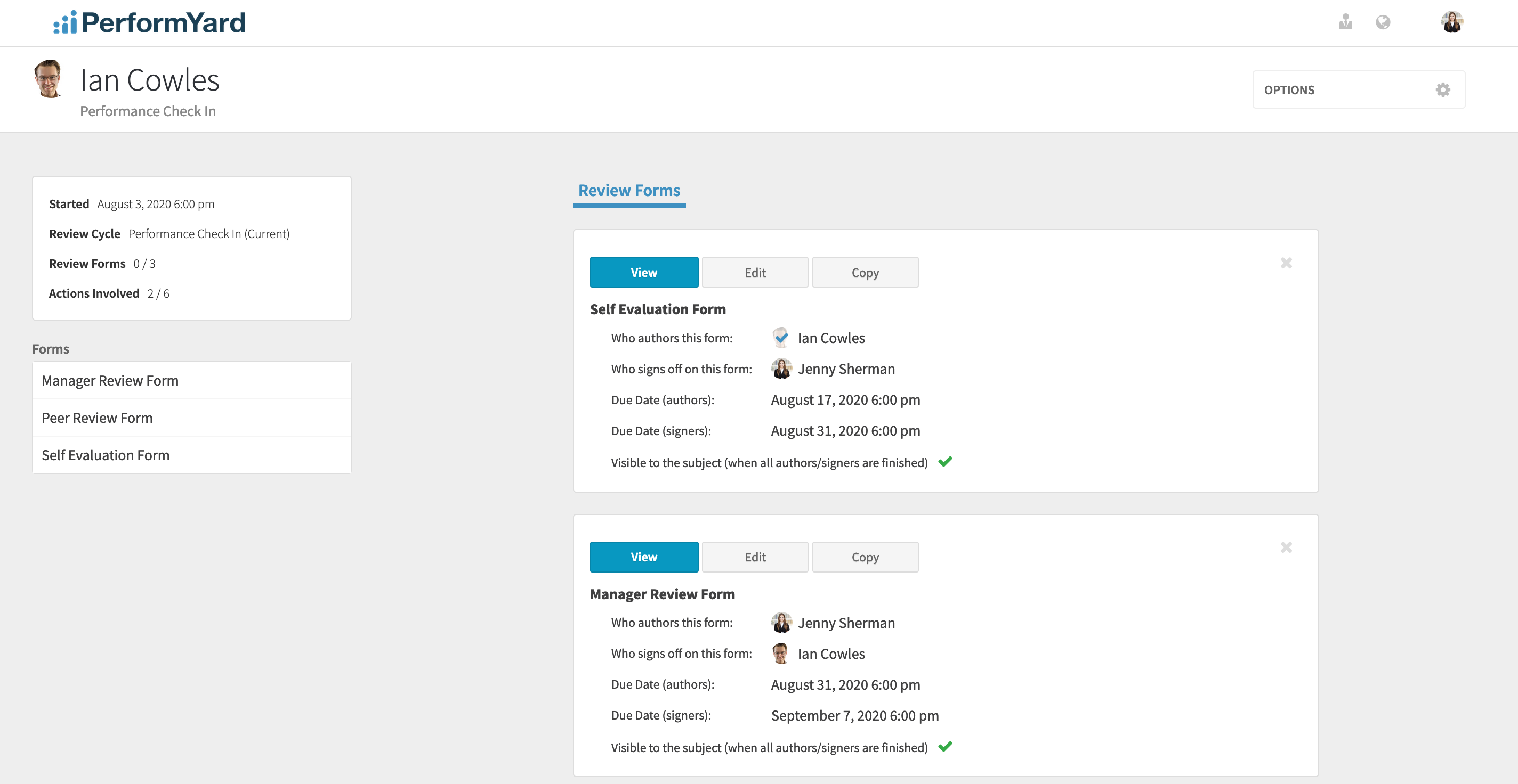 The PerformYard platform shows employee self-evaluation and manager review forms.