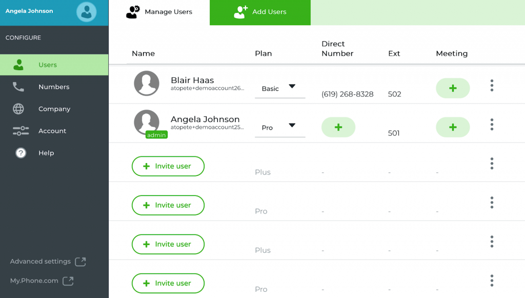 Phone.com configurations for adding and managing users