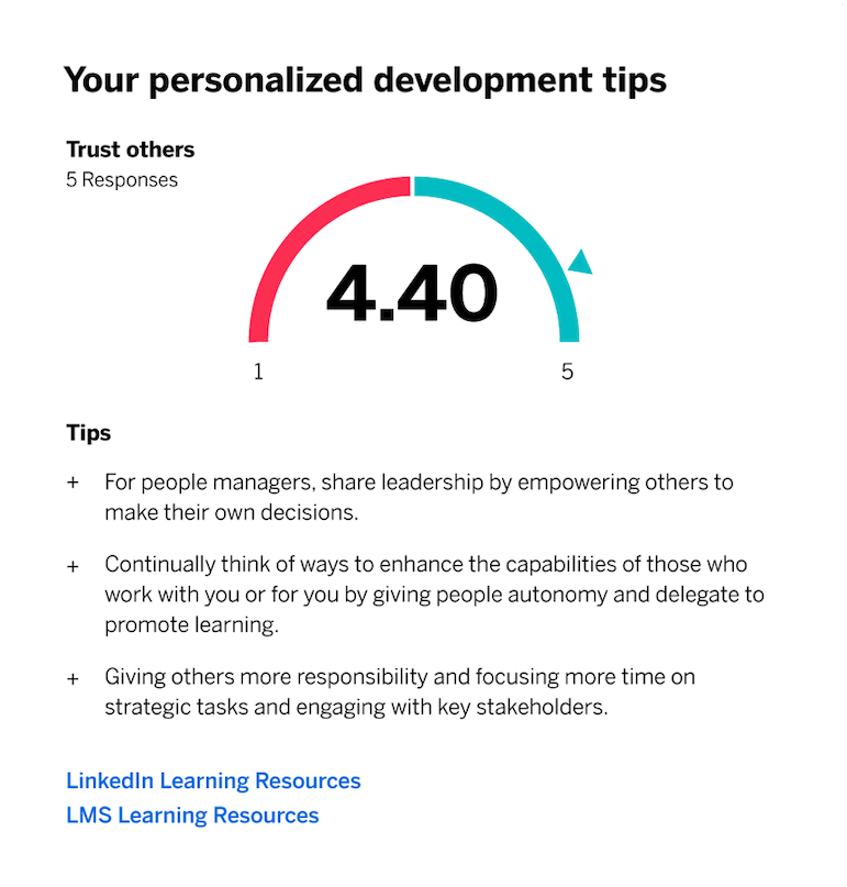 Qualtrics displays personalized development tips for an employee working to improve their "trust others" ratings.