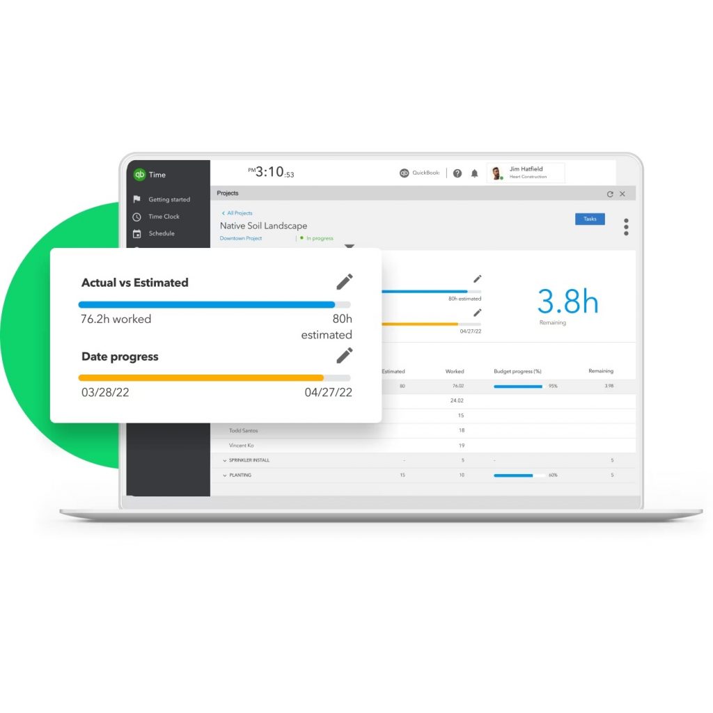 QuickBooks displays a projects dashboard with zoomed-in progress bars comparing actual to estimated hours worked and date progress.