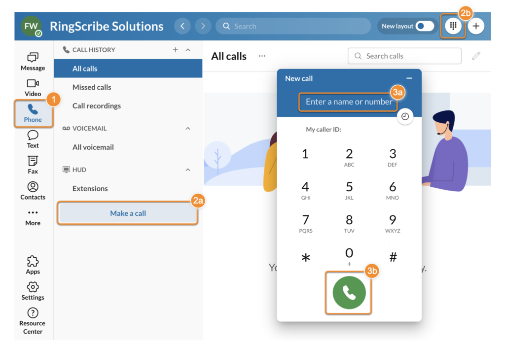 The RingCentral desktop app interface for call history and dial pad window.