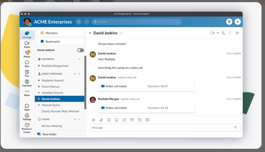 RingCentral desktop app with direct messaging feature.