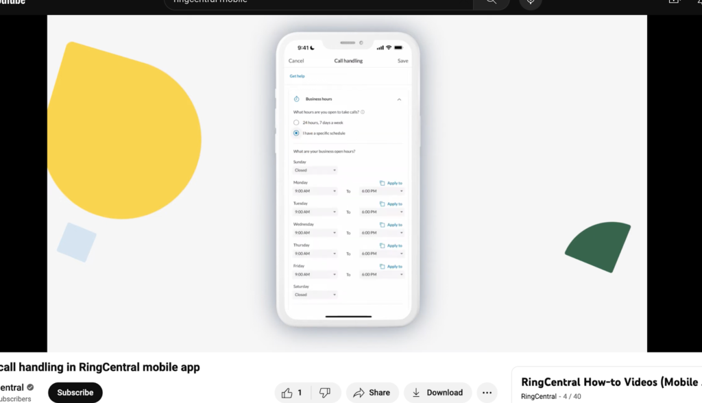 RingCentral mobile app displaying phone admin controls for call handling.