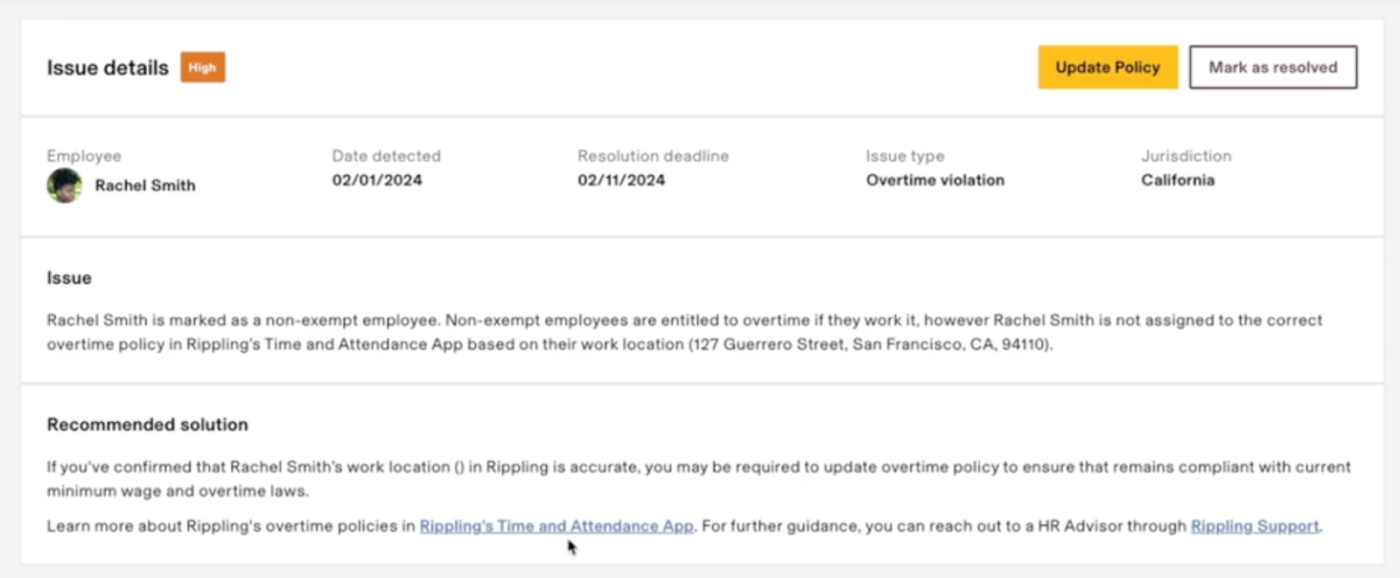 Rippling displays an alert for policy violations that prompts the user to review employee details and policy documentation.