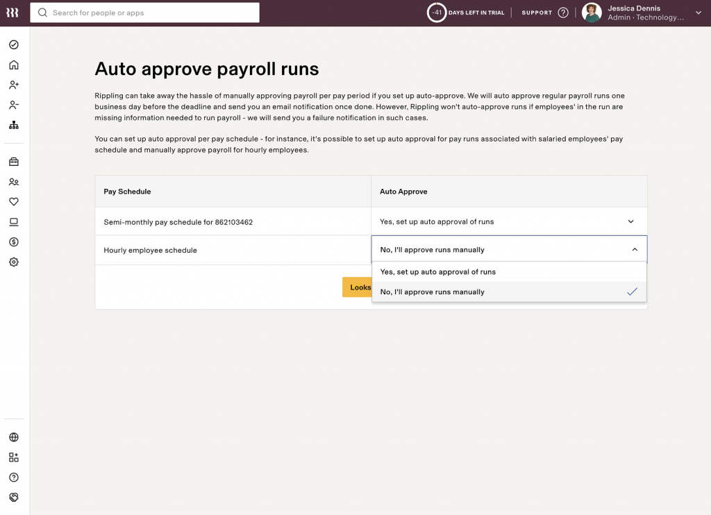 Rippling displays auto-approve payroll runs instructions and a dropdown box with the options "yes, set up auto-approval of runs" or "no, I'll approve runs manually" next to the pay schedule "hourly employee schedule."