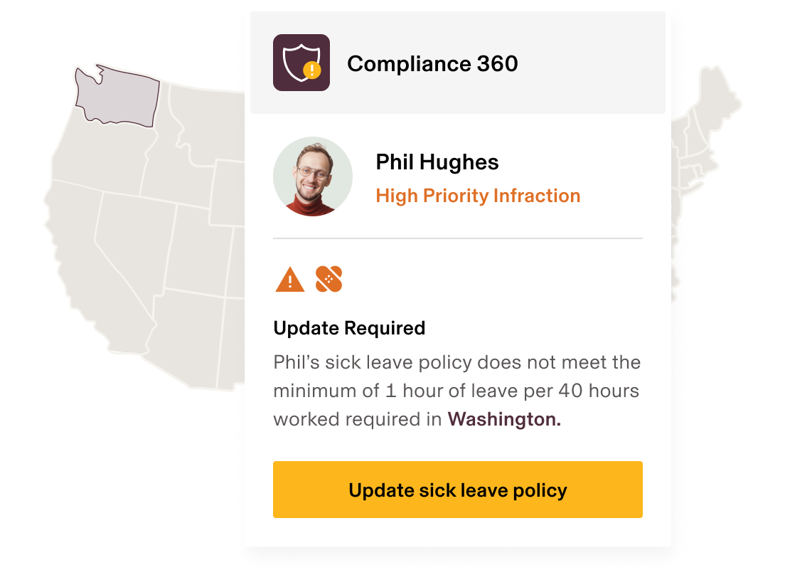 Rippling's Compliance 360 feature displays an alert that an employee's sick leave policy doesn't meet Washington state's minimum requirements.