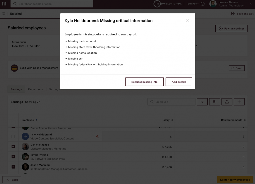 Rippling displays a pop-up window with a list of missing details to complete payroll for an employee named Kyle Heildebrand, including bank account and Social Security numbers.