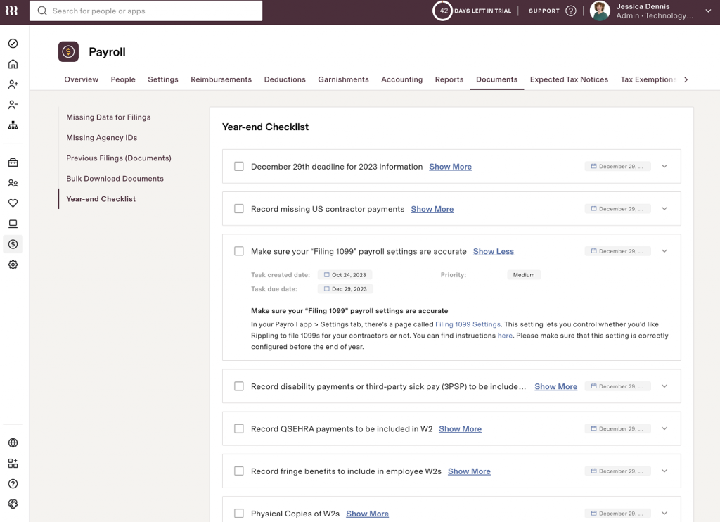 Rippling displays a list of tasks for the end of the year, with the task "make sure your 'filing 1099' payroll settings are accurate" expanded to see instructions for completion, due date, and priority.