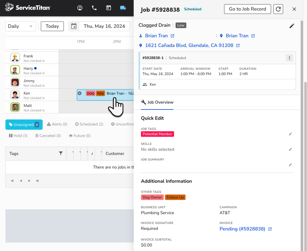 Servicetitan field service management software dashboard screenshot.