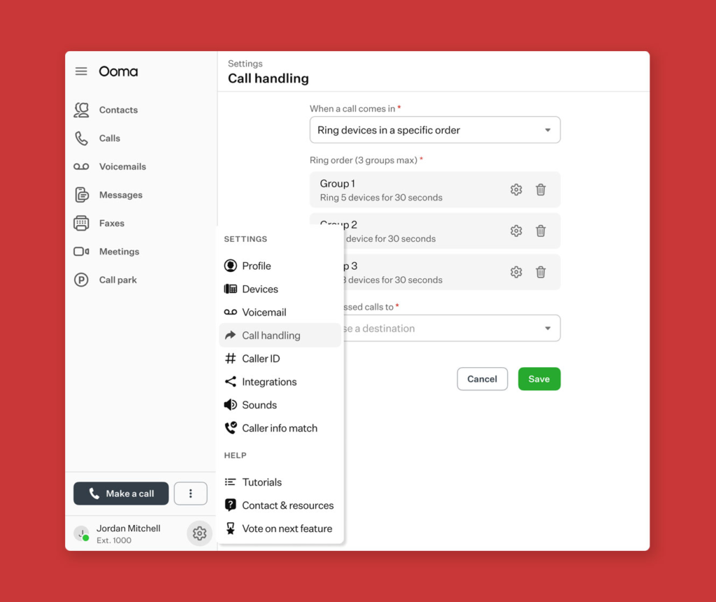 Setting up call handling on Ooma Office desktop app.