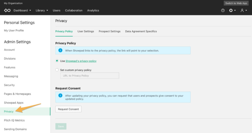 Showpad's privacy setting location.