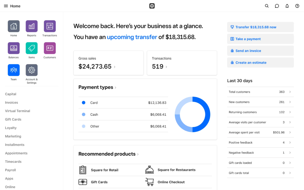 Square merchant dashboard displaying sample overview transaction reports.