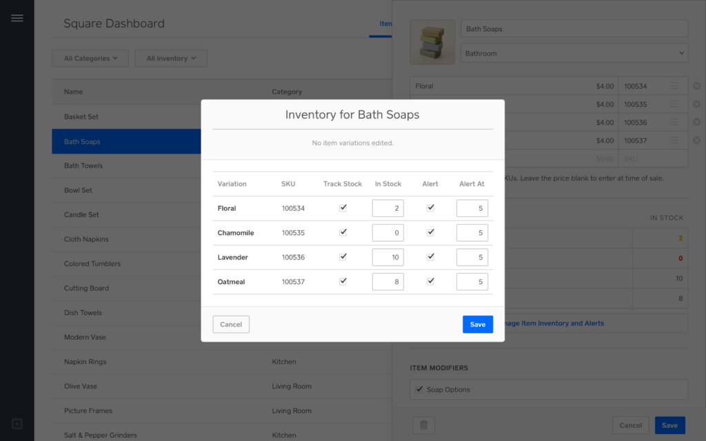 Square inventory management variant tracking feature with displaying sample products.