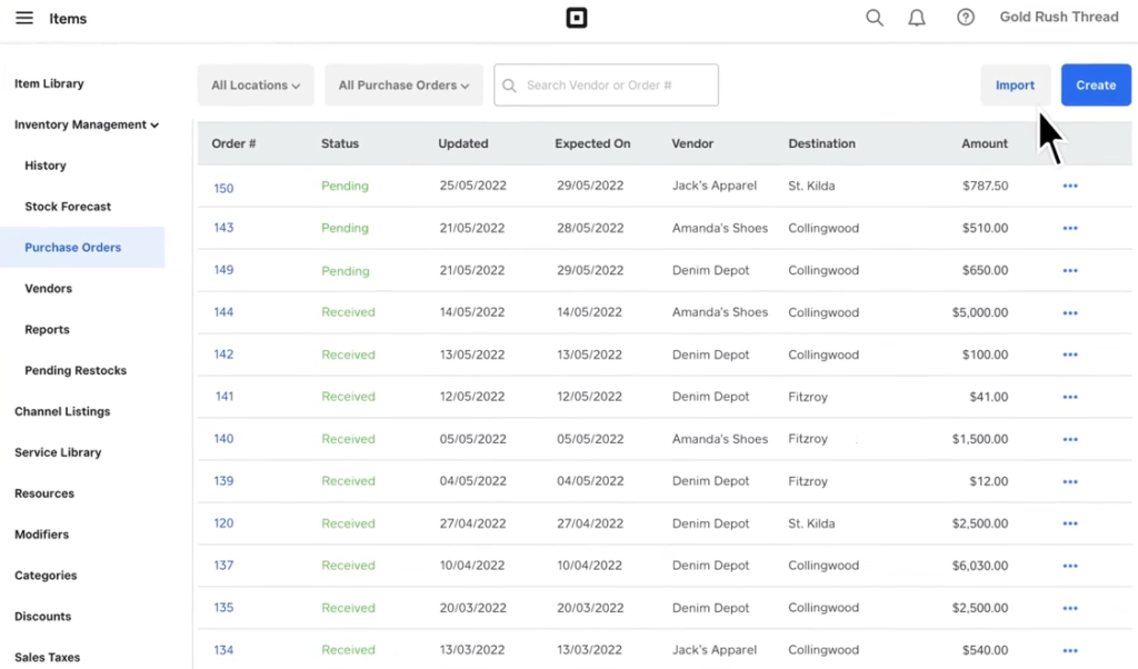 List of purchase orders in Square for Retail.