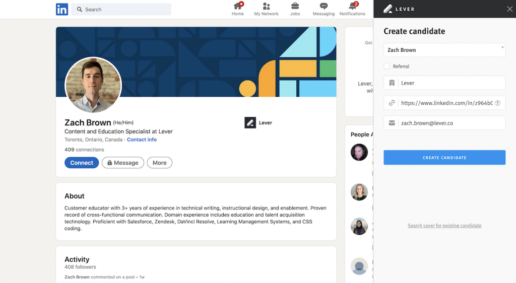 Lever’s Google Chrome extension gives users the opportunity to parse prospective candidate data from sites like LinkedIn and input them into their hiring funnels on the fly.