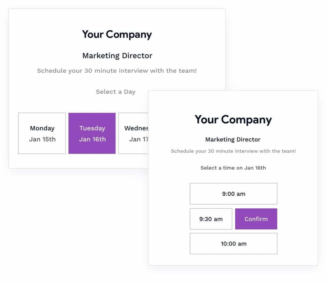 The Breezy platform shows the candidate selecting the date and then the time for their job interview.