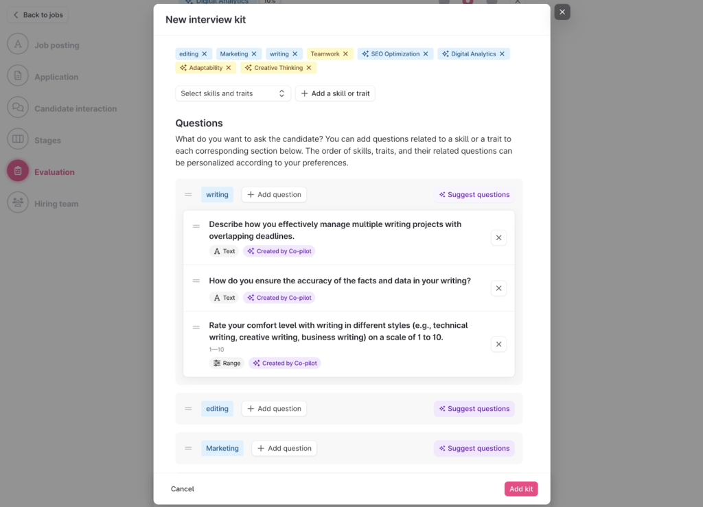 Teamtailor displays a pop-up window with the title "New interview kit" plus suggested interview questions like "Describe how you effectively manage multiple writing projects with overlapping deadlines" and "How do you ensure the accuracy of the facts and data in your writing?" under the skill "writing."