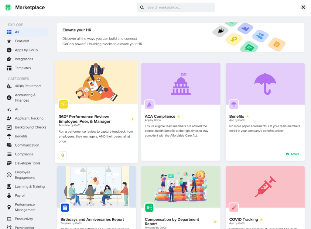 GoCo displays its marketplace dashboard with modules and workflows you can add to the platform, like 360-degree performance reviews, ACA compliance, and COVID tracking.