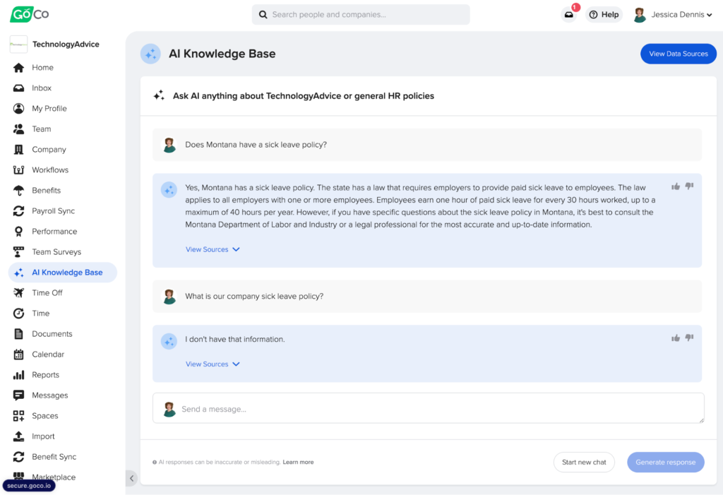 GoCo displays a conversation between an employee named Jessica and a chatbot about the state of Montana and the company’s sick leave policy.
