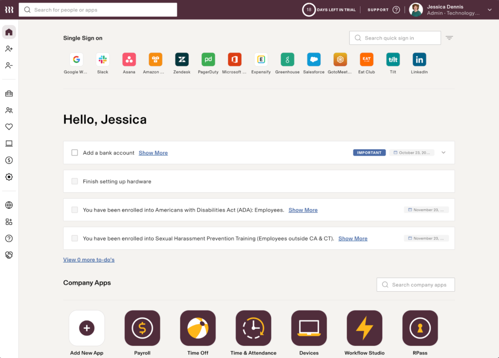 Rippling Unity's home screen displays Rippling apps like payroll and time off; outstanding tasks for an employee named Jessica; and external single sign-on apps like Google, Slack, and Salesforce.