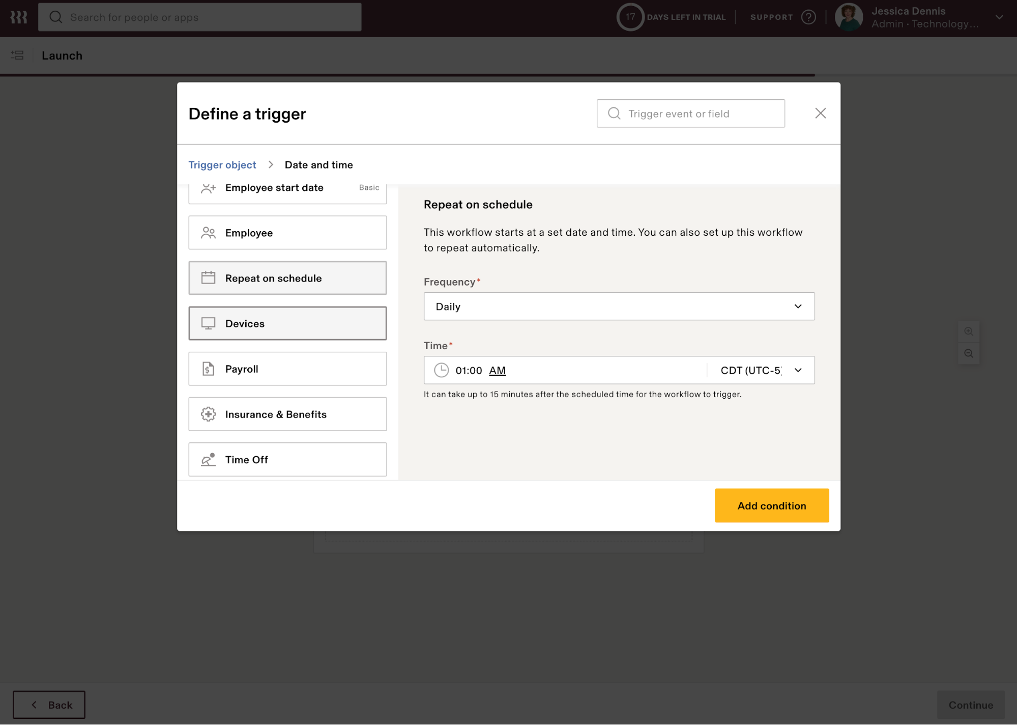 Rippling displays a define trigger setup dialogue box with options to start a workflow based on a set date, frequency, and time.