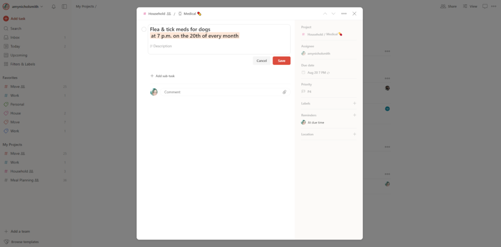 A task in Todoist written using natural language to indicate a task reoccurs at a specific time and day each month.