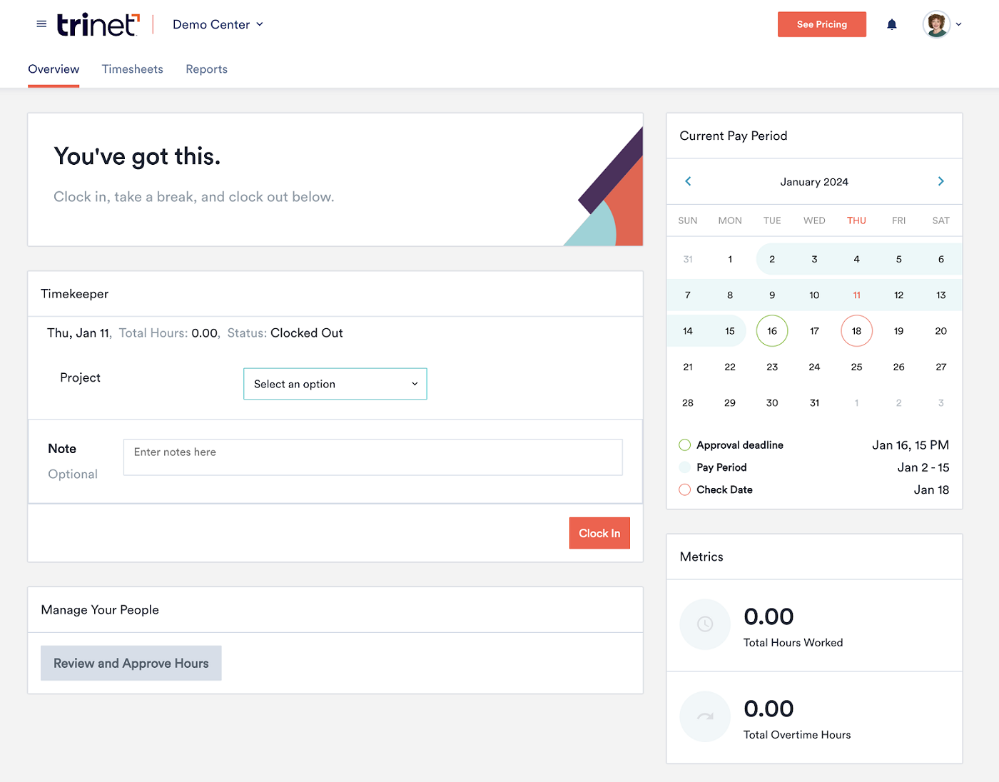 TriNet HR Platform displays a time clock dashboard with a project dropdown menu, a note text box, a clock-in button, and a calendar highlighting the current pay period.