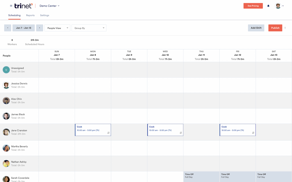 TriNet HR Platform displays a calendar week with shifts for "cook" blocked off on Monday, Wednesday, and Friday for an employee named Jane.