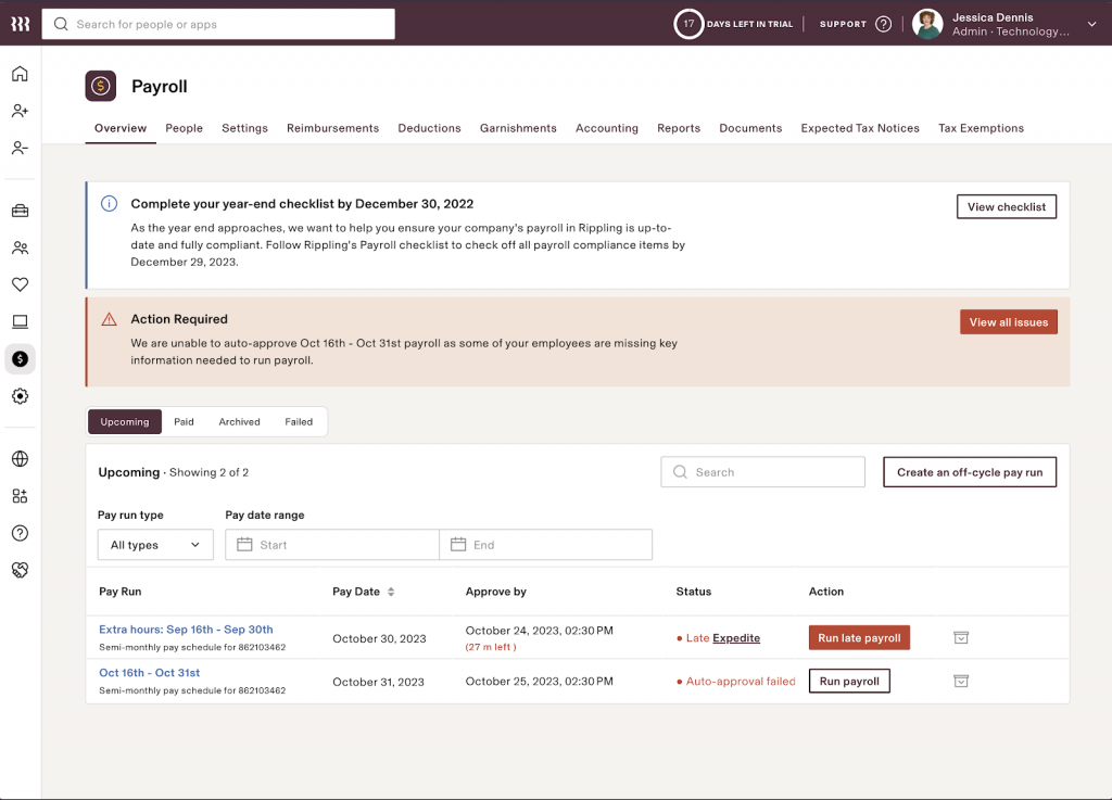 Rippling displays the overview dashboard for U.S. payroll with a list of upcoming and late pay runs in October, plus alerts at the top about the year-end checklist and a late payroll run.