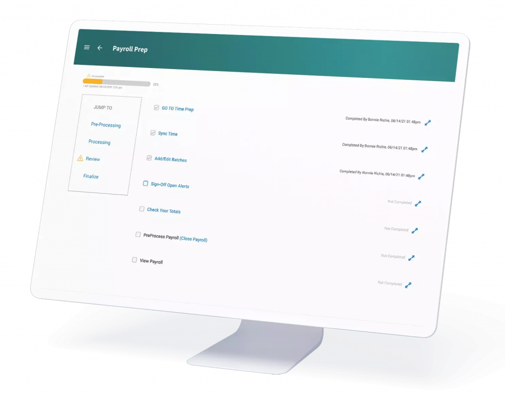 UKG Ready displays a payroll checklist on a desktop computer with a progress bar at the top plus a payroll to-do list in the middle with the tasks sync time, add/edit batches, and check your totals.