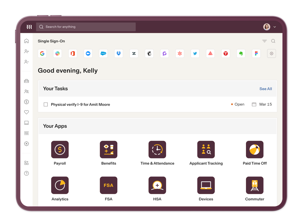 Rippling’s home dashboard with modules available to support a variety of HR functions.