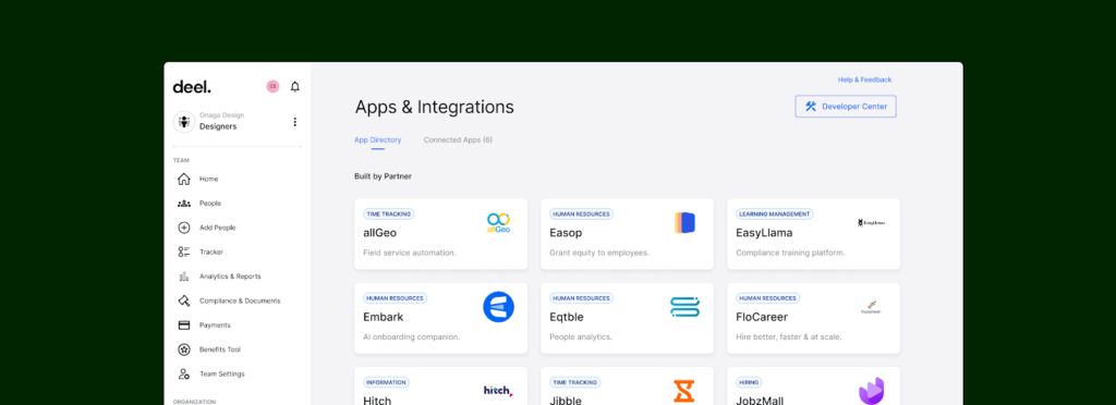 A webpage labeled “Apps & Integrations” showcasing Deel’s integration options.