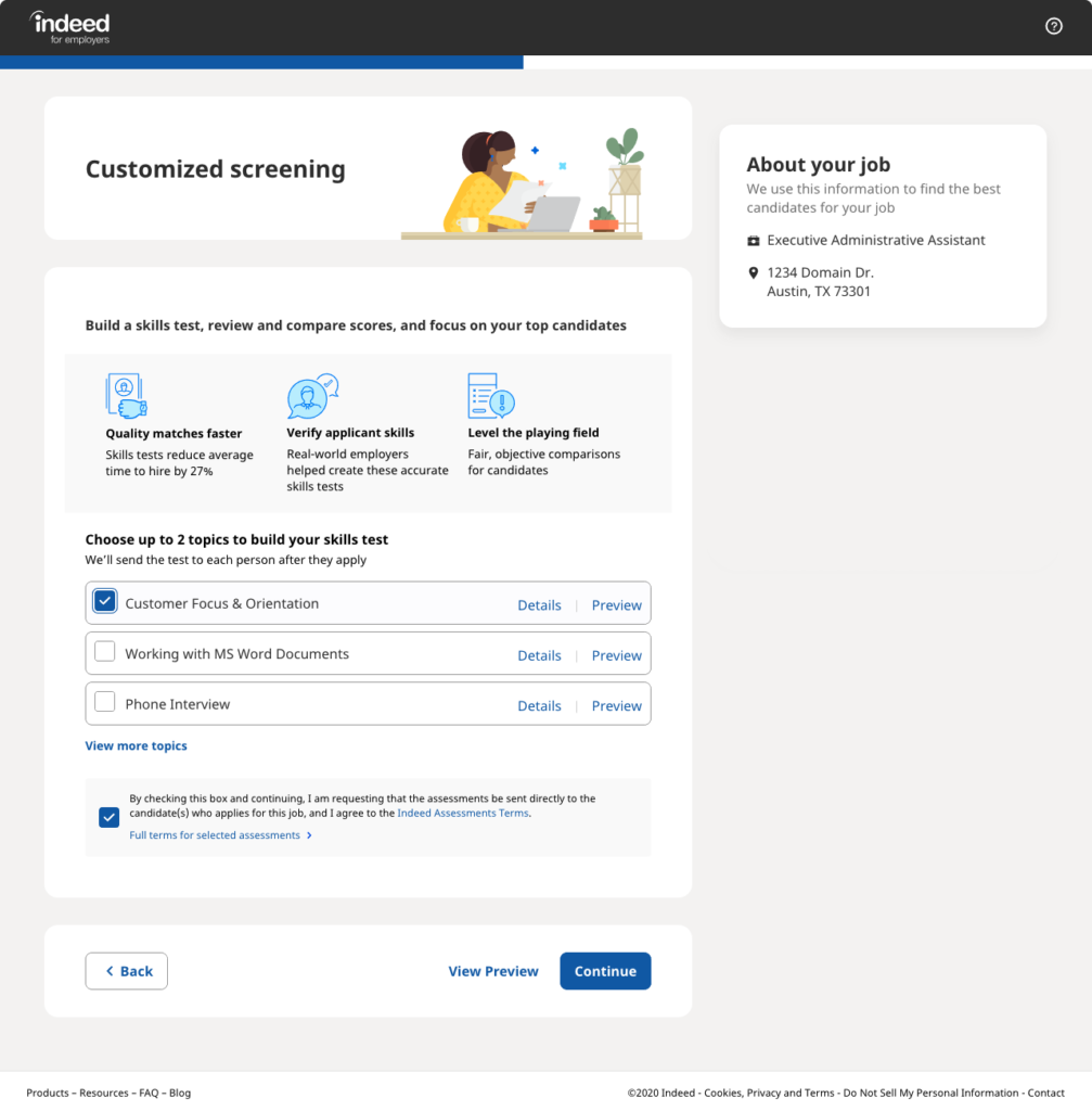 Indeed’s customized screening dashboard with boxes to check for selected assessments.